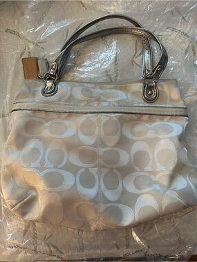 Coach Ivory Signature Shoulder Bag with Metallic Trim